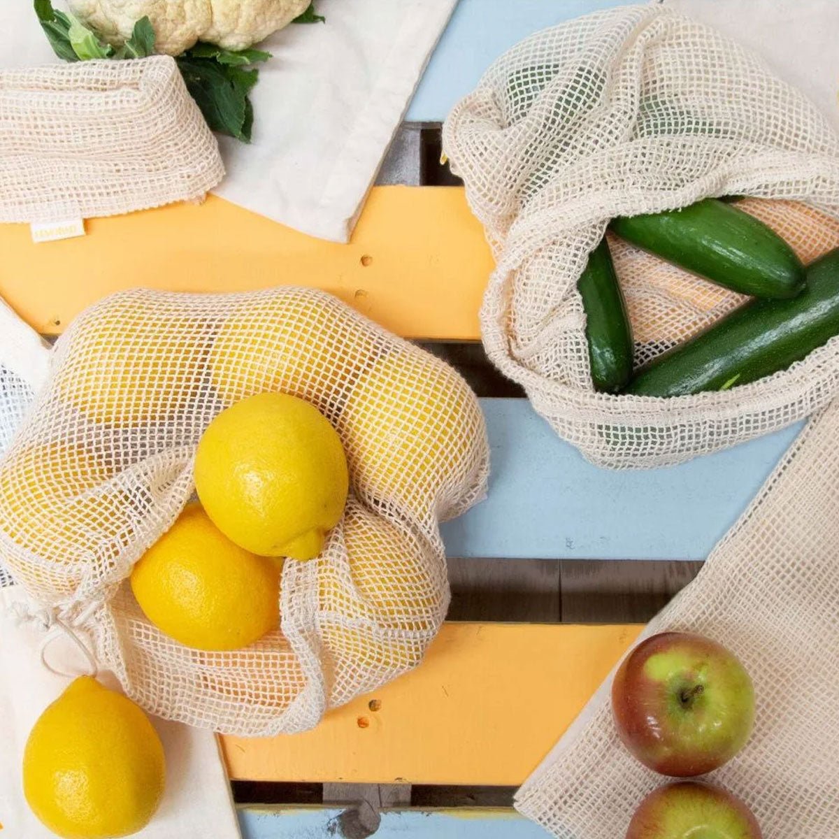 J Elliot Home Lemonade Karma Set of 4 Cotton Eco - Friendly Natural Mesh Storage Bag Set - NuSea