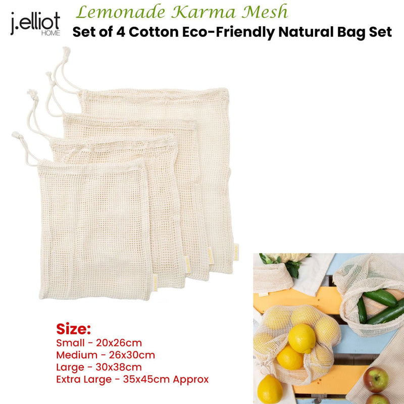 J Elliot Home Lemonade Karma Set of 4 Cotton Eco - Friendly Natural Mesh Storage Bag Set - NuSea