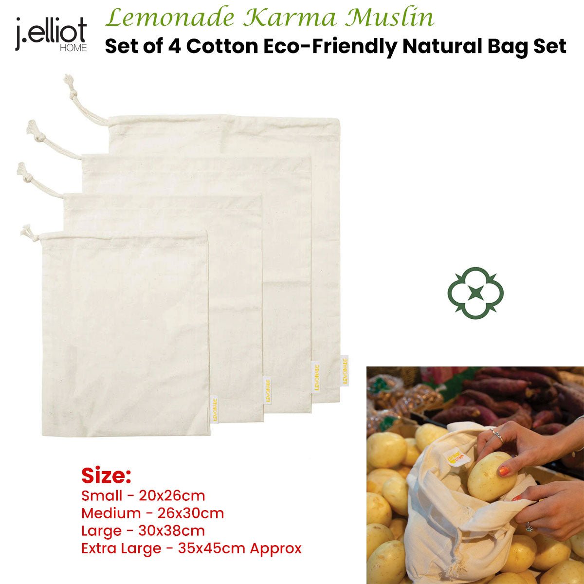 J Elliot Home Lemonade Karma Set of 4 Cotton Eco - Friendly Natural Muslin Storage Bag Set - NuSea