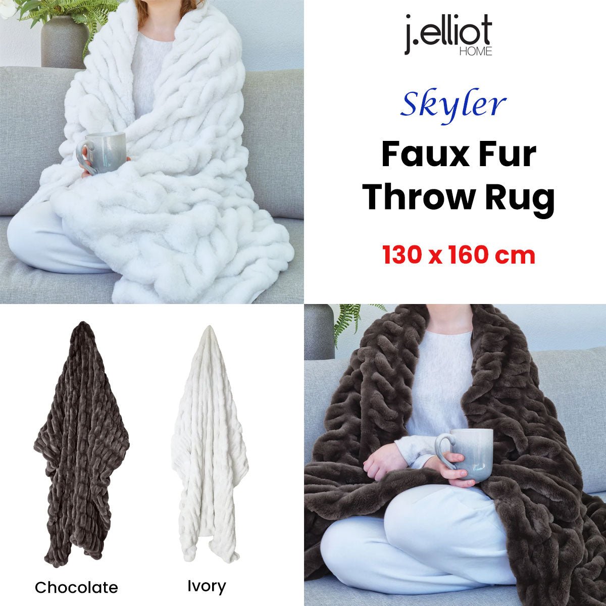 J Elliot Home Skyler Chocolate Faux Fur Throw Rug 130 x 160cm - NuSea