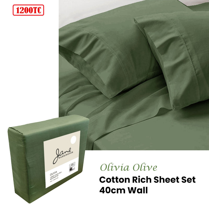 Jane Barrington 1200TC Olivia Cotton Rich Sheet Set 40cm Wall Olive King - NuSea
