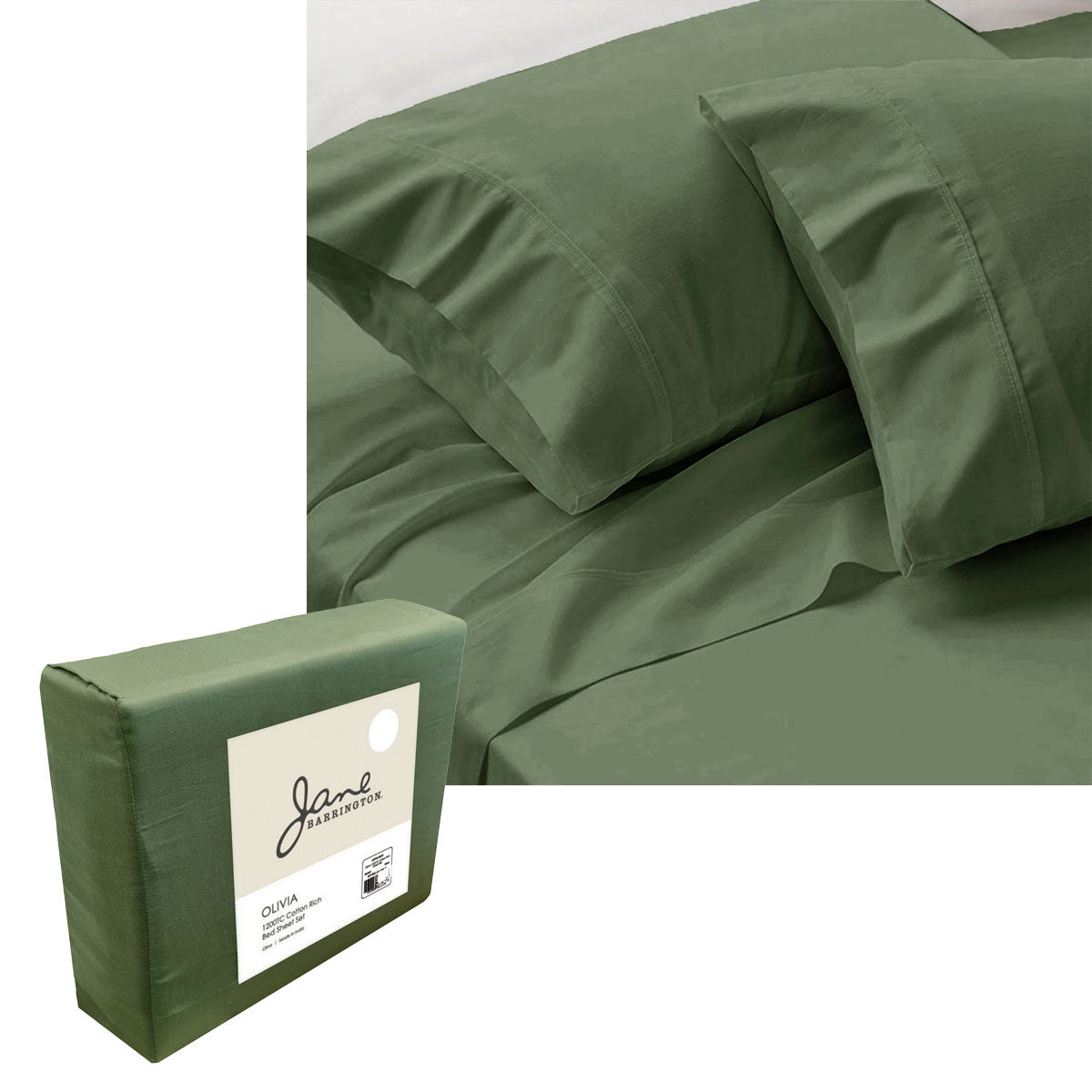 Jane Barrington 1200TC Olivia Cotton Rich Sheet Set 40cm Wall Olive Queen - NuSea