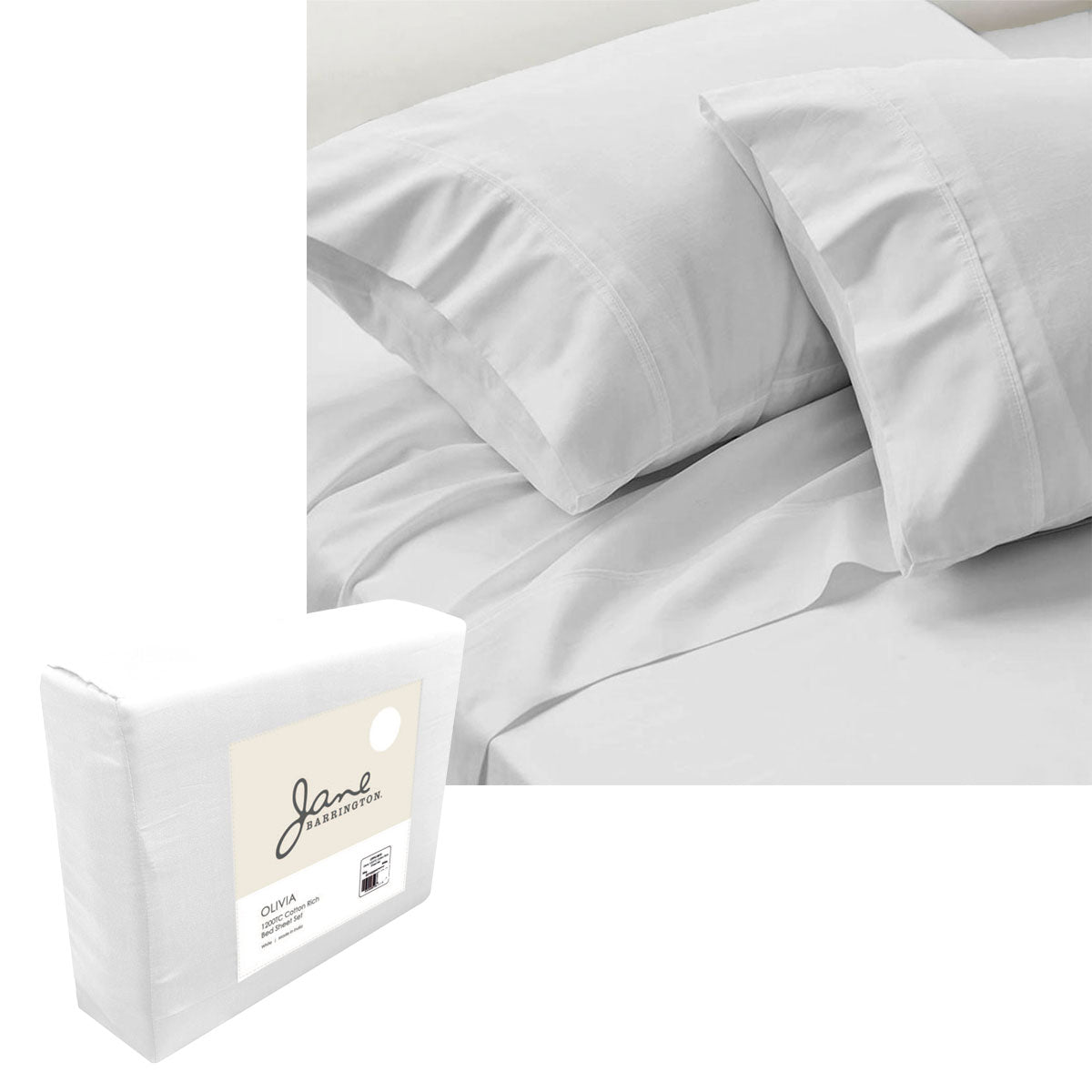 Jane Barrington 1200TC Olivia Cotton Rich Sheet Set 40cm Wall White Queen - NuSea