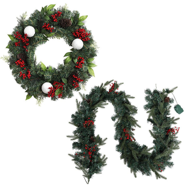 Jingle Jollys Christmas Garland with Wreath Set LED Lights Xmas Tree Decor - NuSea