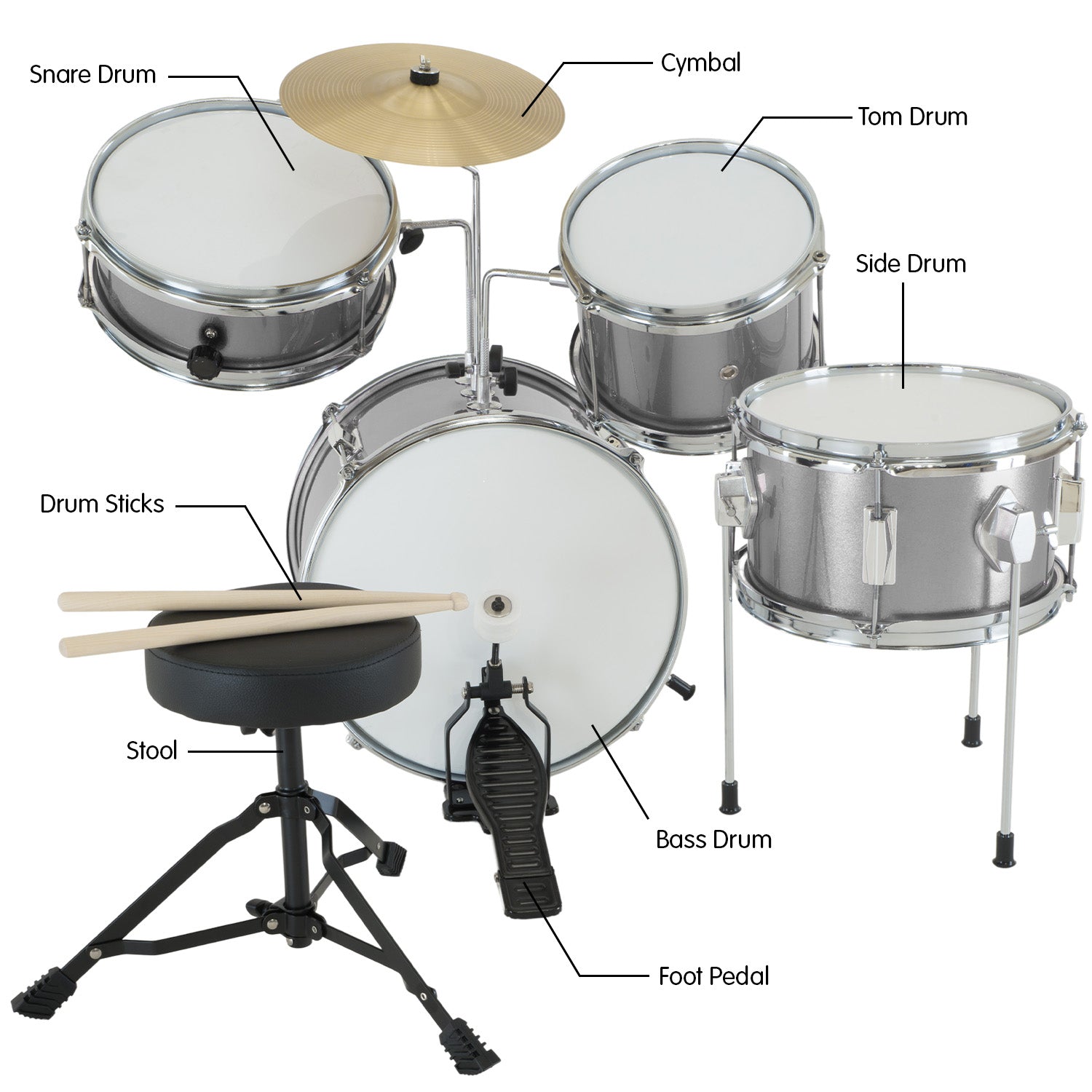 Karrera Childrens 4pc Drum Kit - Silver - NuSea
