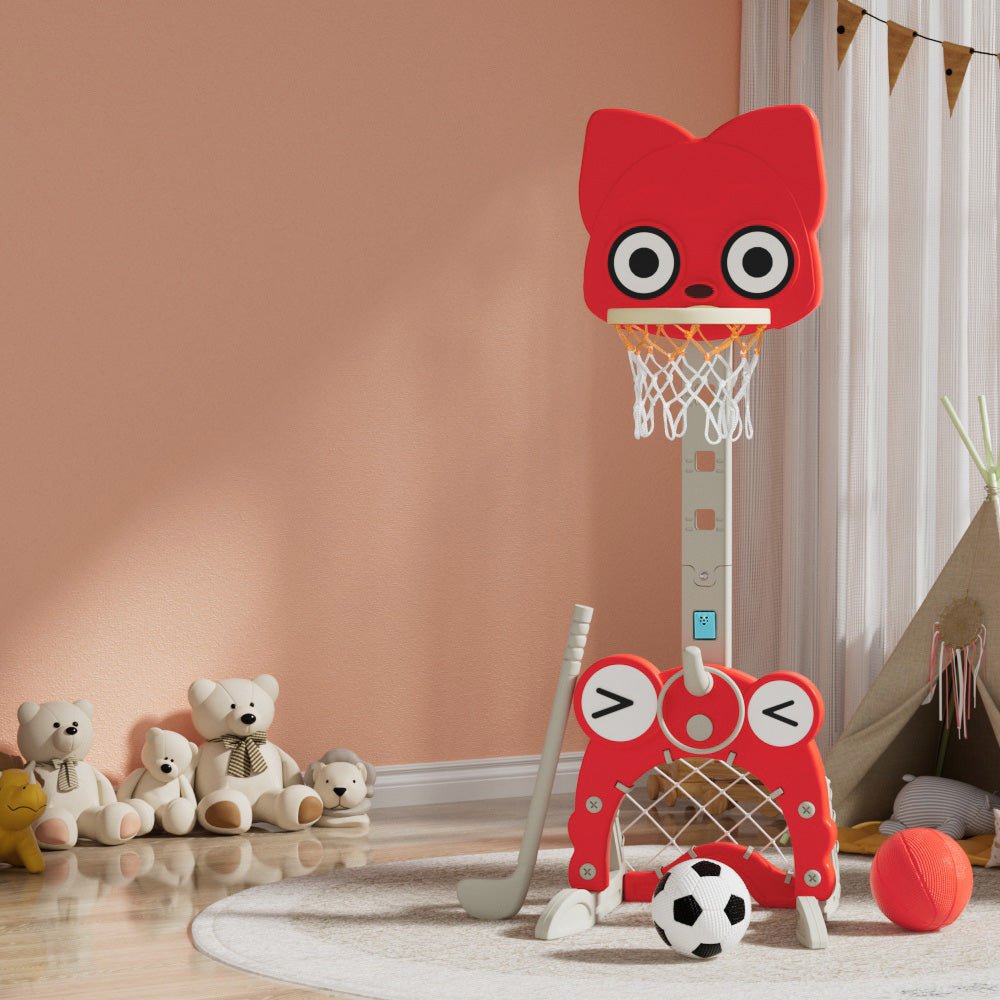 Keezi Kids Basketball Hoop Stand Adjustable 5 - in - 1 Sports Center Toys Set Red - NuSea
