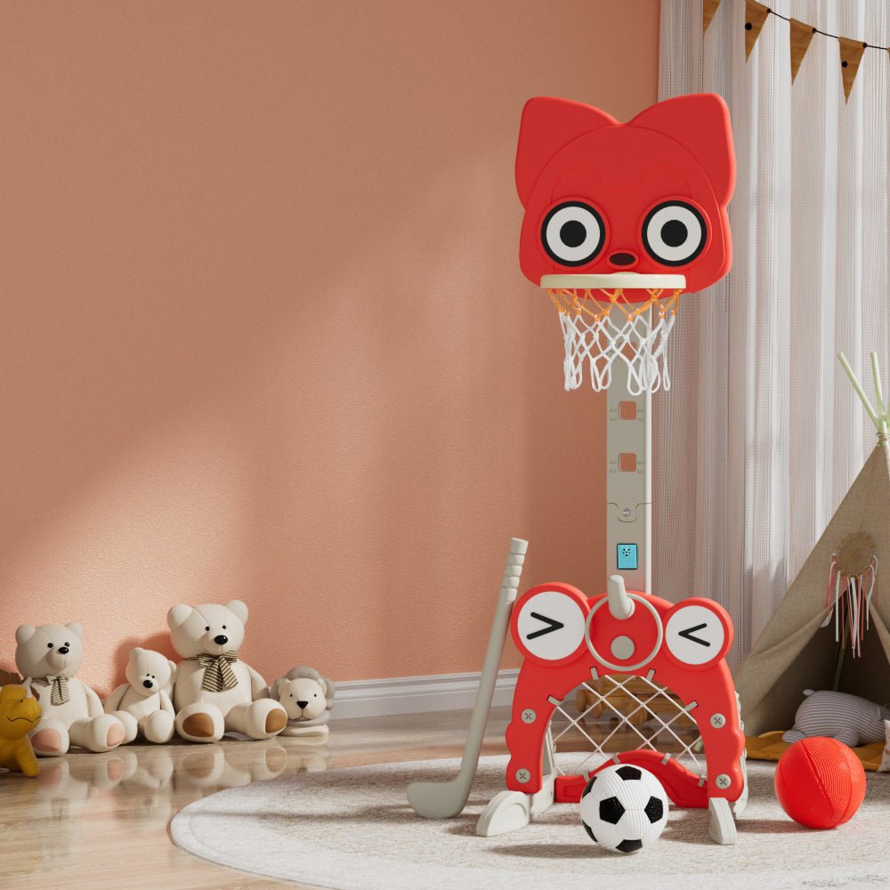 Keezi Kids Basketball Hoop Stand Adjustable 5 - in - 1 Sports Center Toys Set Red - NuSea
