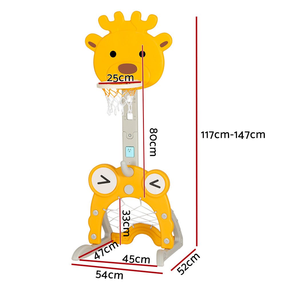 Keezi Kids Basketball Hoop Stand Adjustable 5 - in - 1 Sports Center Toys Set Yellow - NuSea