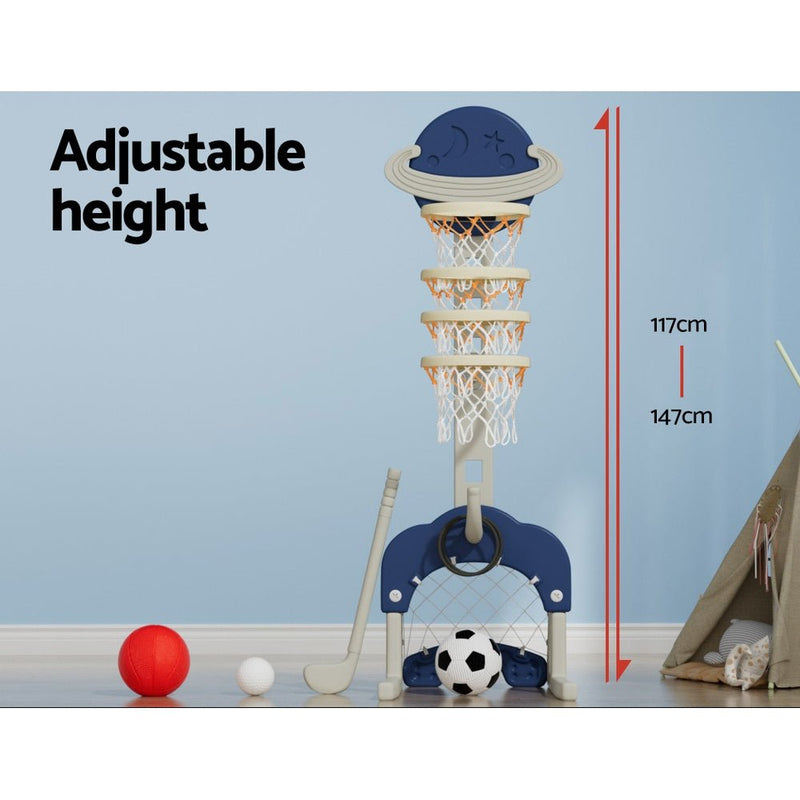 Keezi Kids Basketball Hoop Stand Adjustable 6 - in - 1 Sports Center Toys Set Blue - NuSea