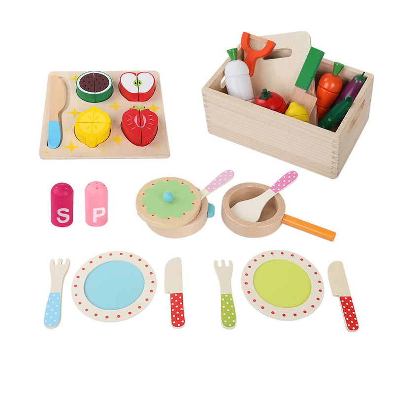 Keezi Kids Kitchen Play Set Wooden Pretend Toys Cooking Utensils Pots Pans Food - NuSea
