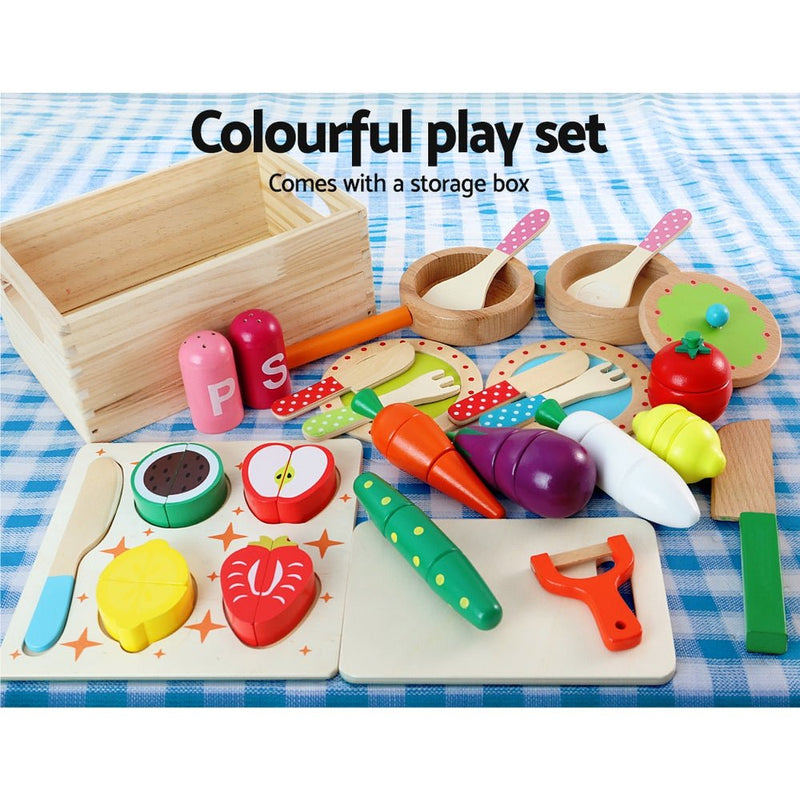Keezi Kids Kitchen Play Set Wooden Pretend Toys Cooking Utensils Pots Pans Food - NuSea