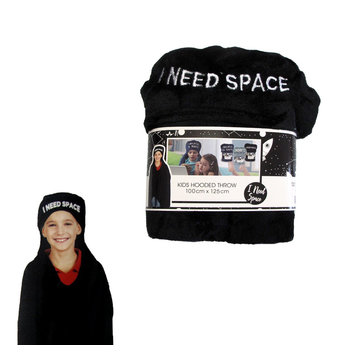 Kids Embroidered Hooded Throw Rug 100 x 125cm Black I Need Space - NuSea