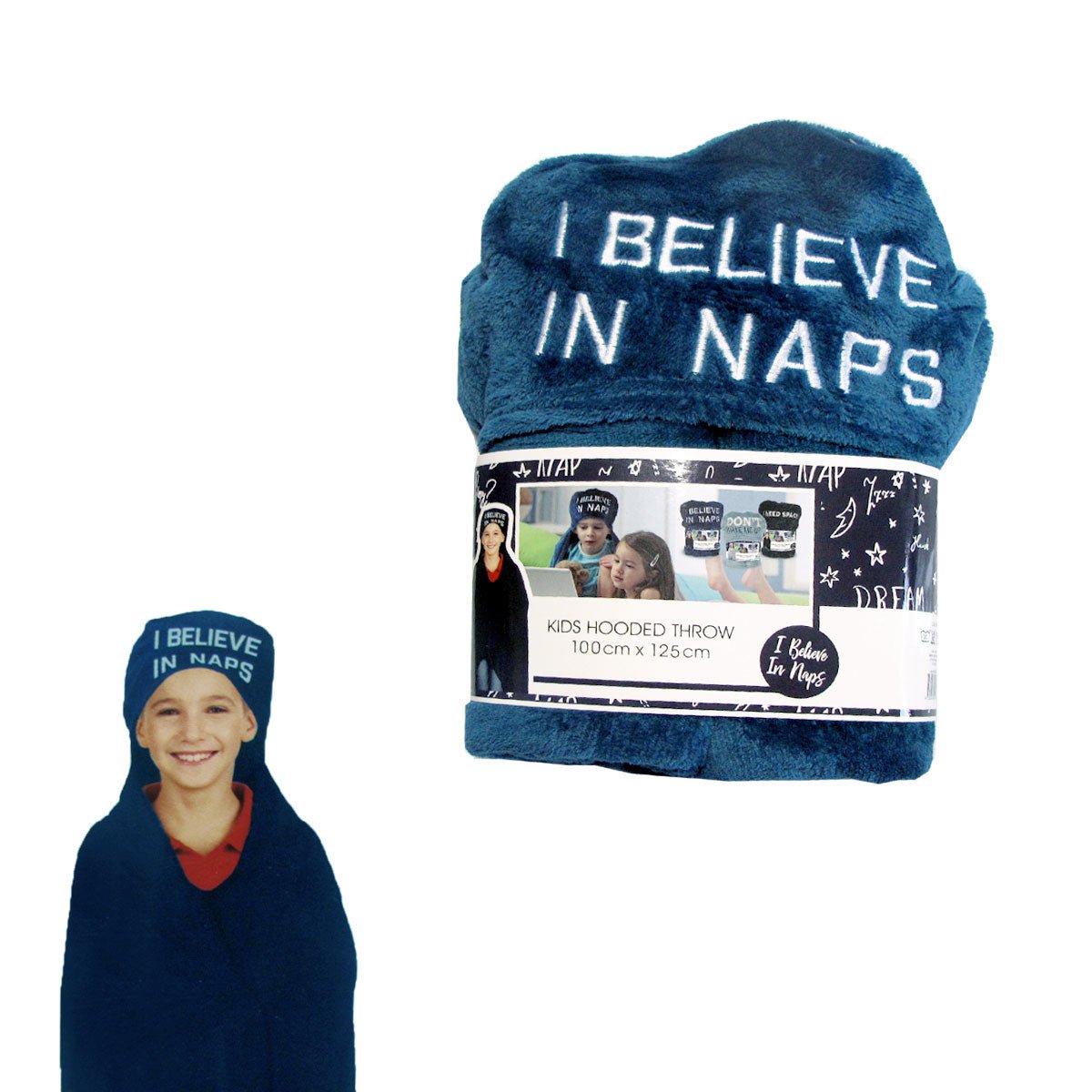 Kids Embroidered Hooded Throw Rug 100 x 125cm Blue I Believe in Naps - NuSea