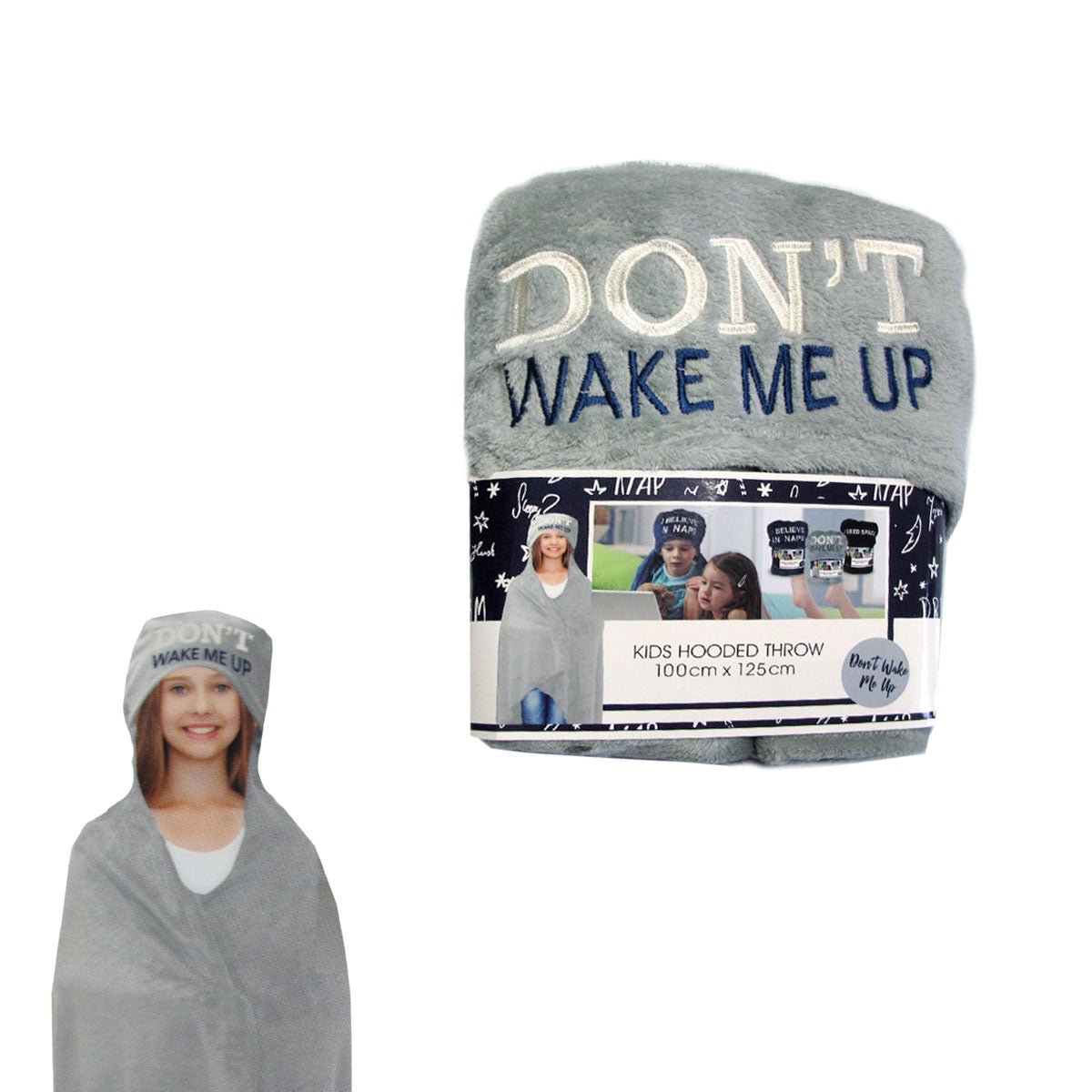 Kids Embroidered Hooded Throw Rug 100 x 125cm Grey Don't Wake Me Up - NuSea