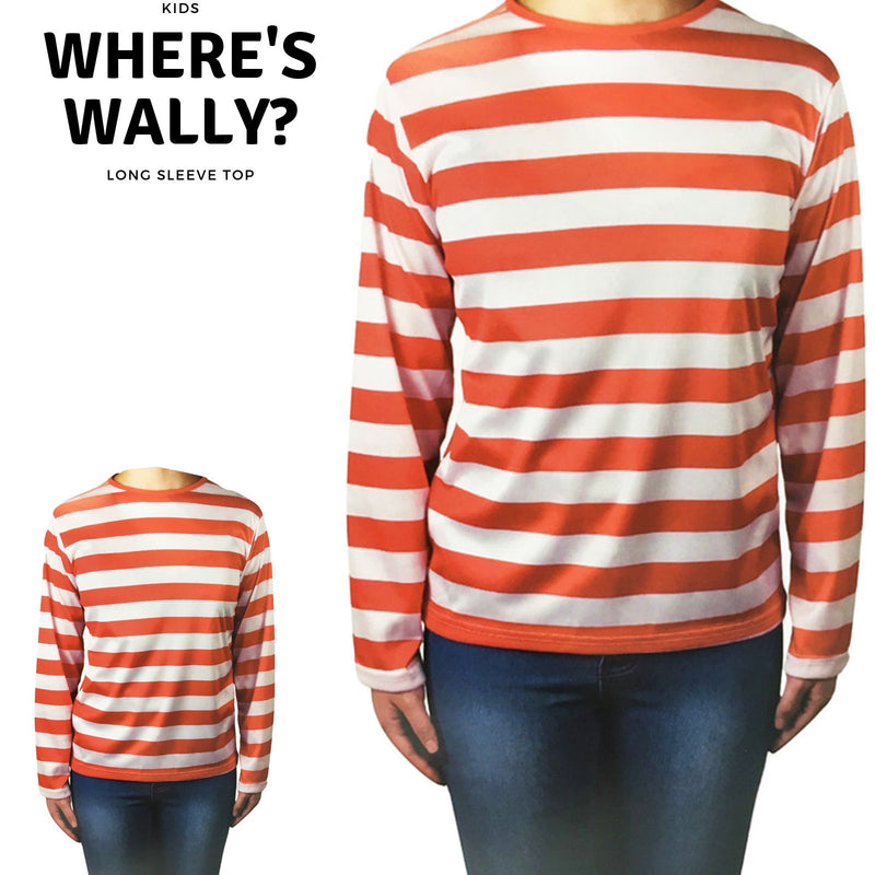 KIDS Red and White Striped Top Wheres Wally Wenda Waldo Shirt Costume Party Book Week - Large (10 - 12 Years Old) - NuSea