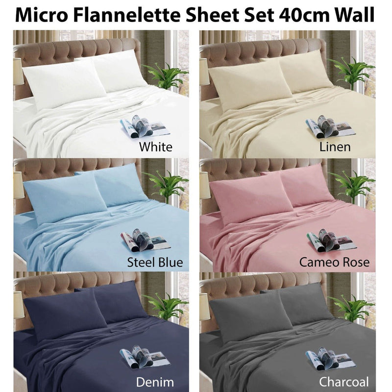 Kingtex Micro Flannelette Sheet Set 40 cm Wall Denim Single - NuSea