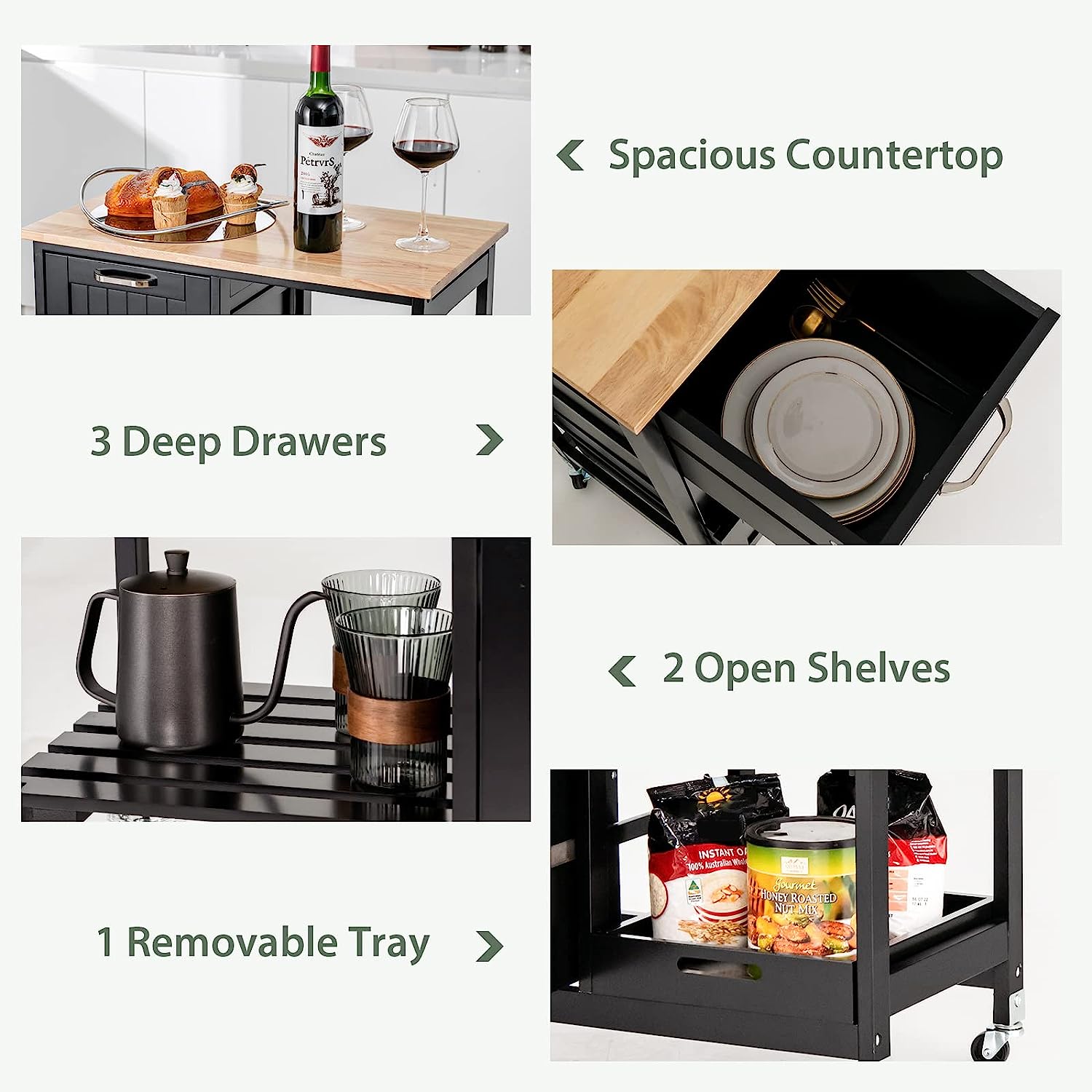 Kitchen Island Cart with Storage, Drawers, Shelves - NuSea