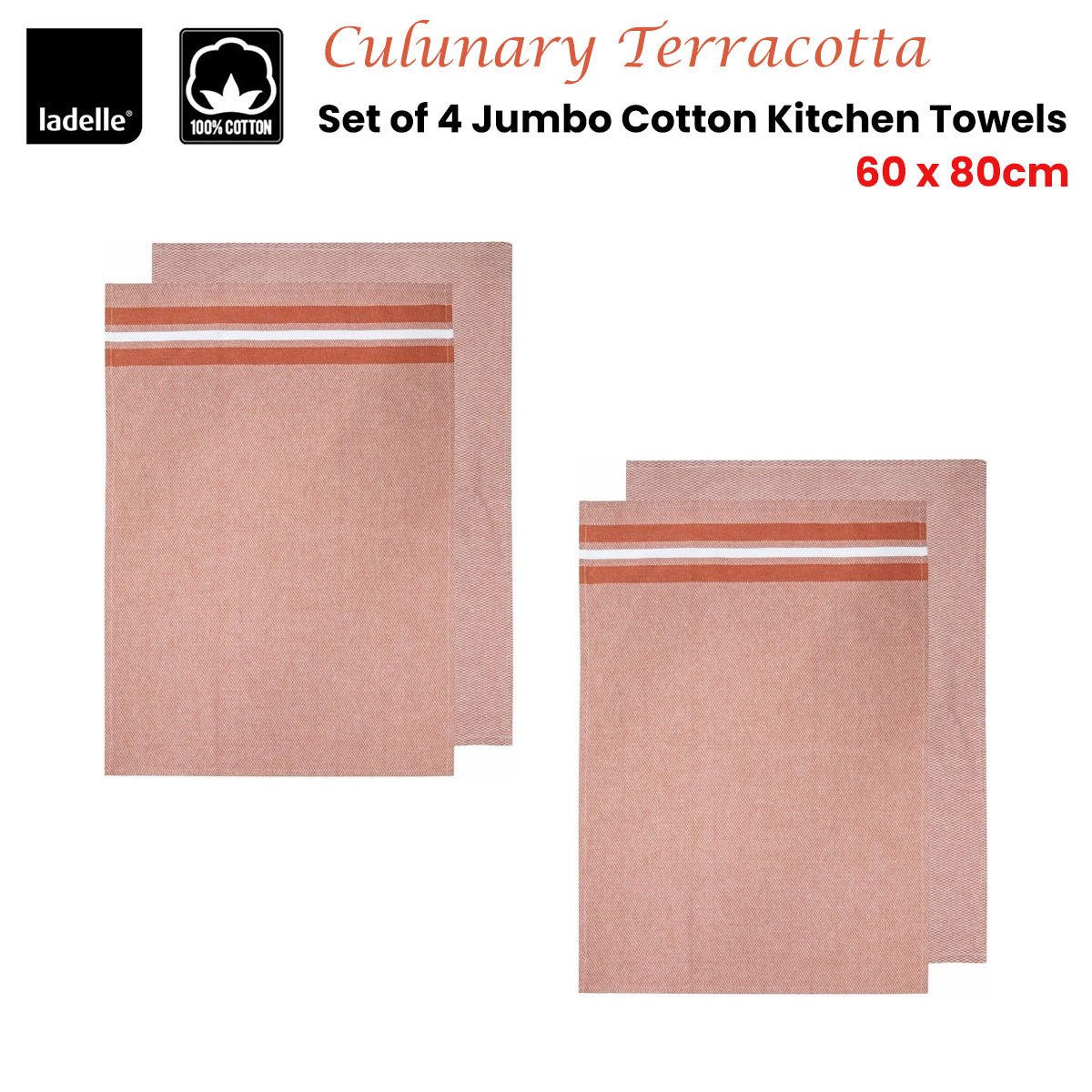 Ladelle Culinary Terracotta Cotton Set of 4 Jumbo Kitchen Towels 60 x 80 cm - NuSea