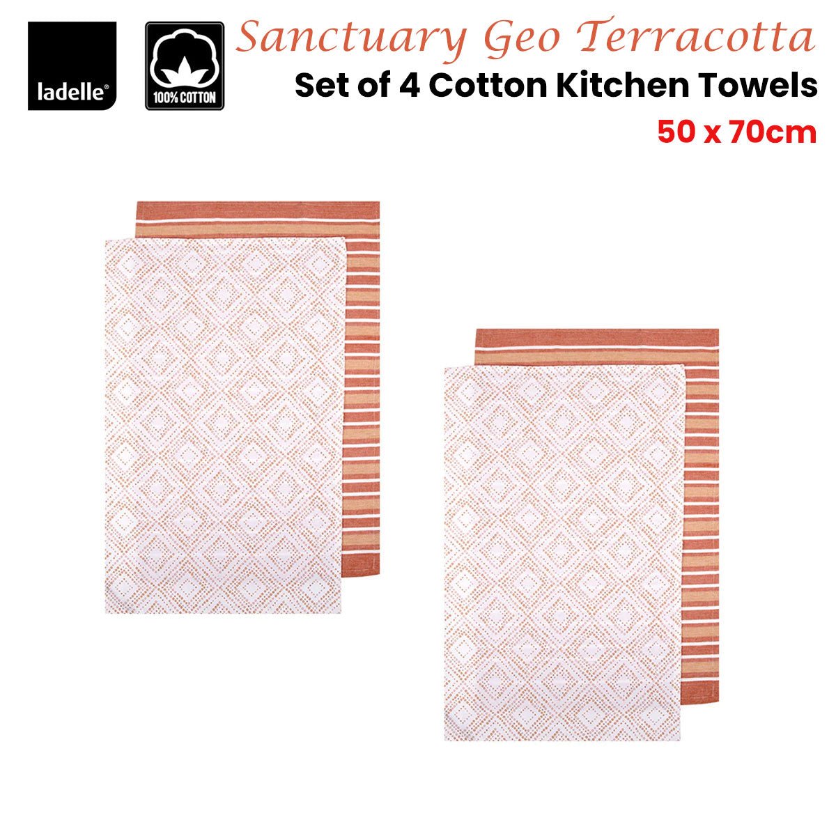 Ladelle Sanctuary Geo Terracotta Set of 4 Cotton Kitchen Towels 45 x 70 cm - NuSea