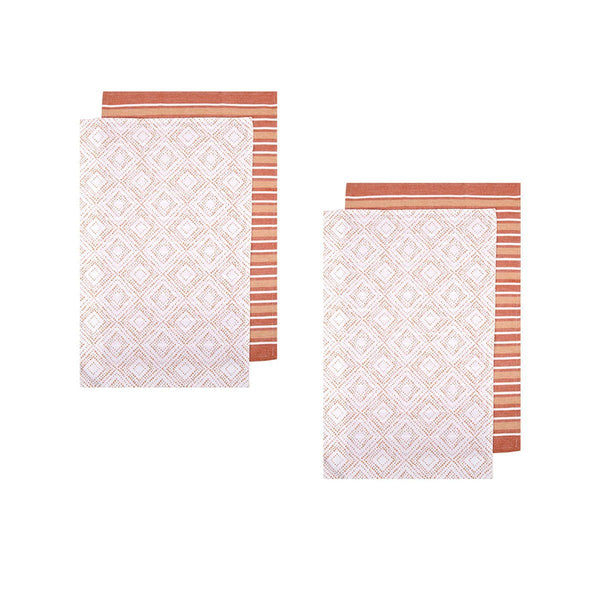 Ladelle Sanctuary Geo Terracotta Set of 4 Cotton Kitchen Towels 45 x 70 cm - NuSea