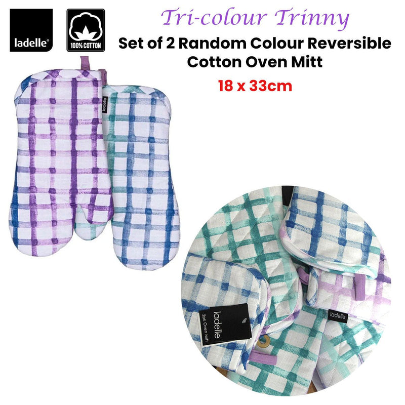 Ladelle Tri - colour Trinny Random Pattern/Colour Reversible Set of 2 Oven Mitts 18 x 33 cm - NuSea