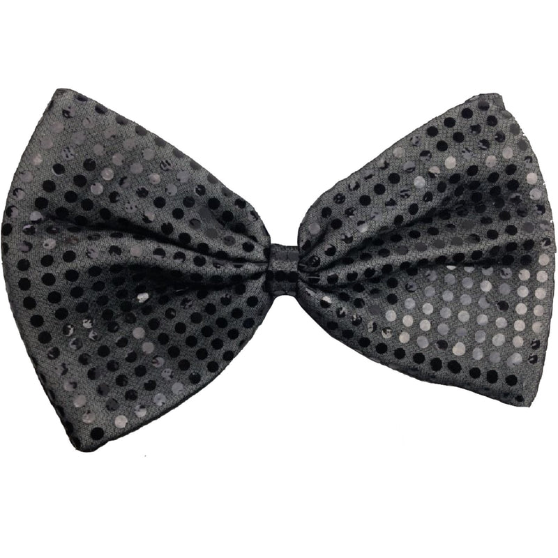 LARGE BOW TIE Sequin Polka Dots Bowtie Big King Size Party Costume - Grey (with black polka dots) - NuSea