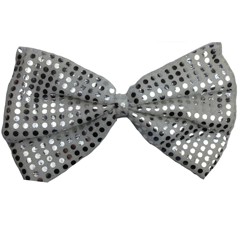 LARGE BOW TIE Sequin Polka Dots Bowtie Big King Size Party Costume - White/Silver - NuSea