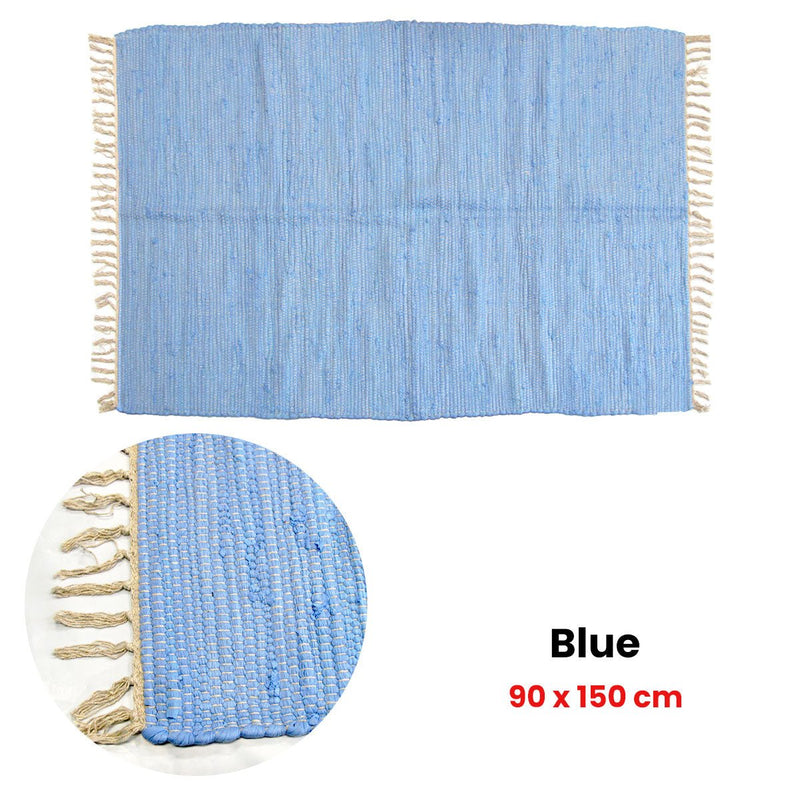 Large Chindi Cotton Handmade Floor Mat with Tassels 90 x 150 cm Blue - NuSea
