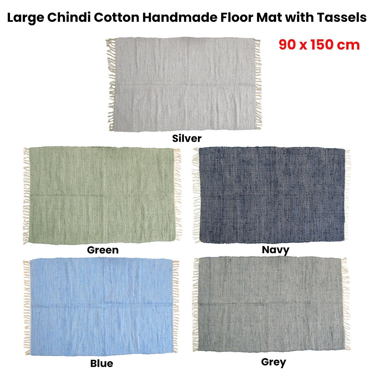 Large Chindi Cotton Handmade Floor Mat with Tassels 90 x 150 cm Grey - NuSea