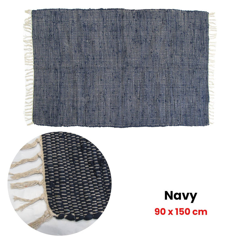 Large Chindi Cotton Handmade Floor Mat with Tassels 90 x 150 cm Navy - NuSea
