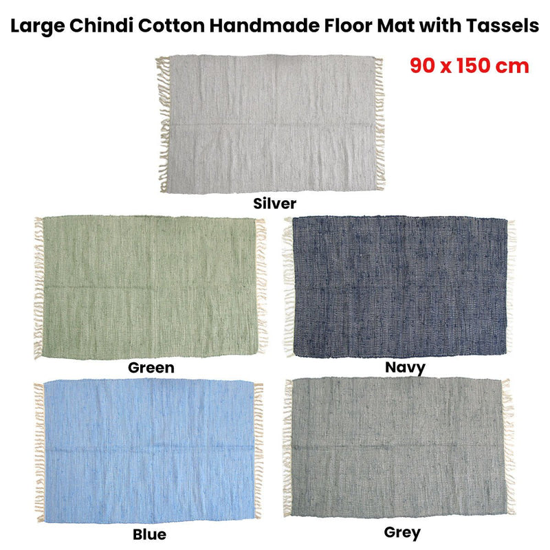 Large Chindi Cotton Handmade Floor Mat with Tassels 90 x 150 cm Silver - NuSea