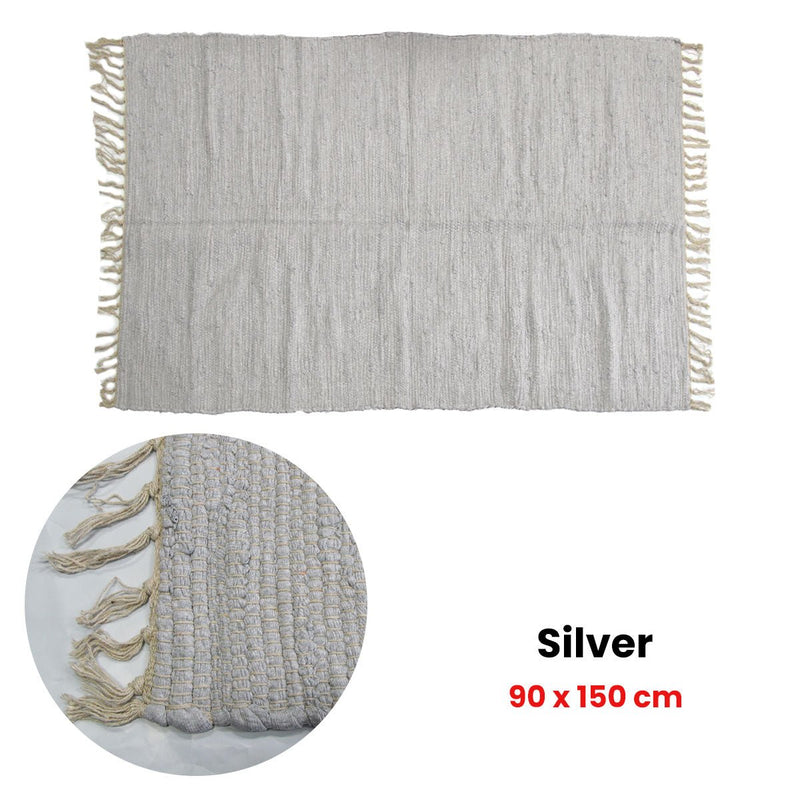 Large Chindi Cotton Handmade Floor Mat with Tassels 90 x 150 cm Silver - NuSea