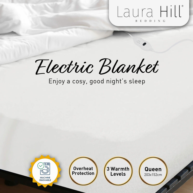 Laura Hill Electric Blanket Queen Size Fitted Underlay Winter Throw - White - NuSea