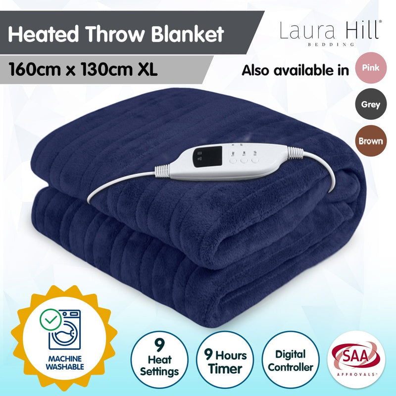 Laura Hill Heated Electric Blanket Coral Warm Fleece Winter Blue - NuSea