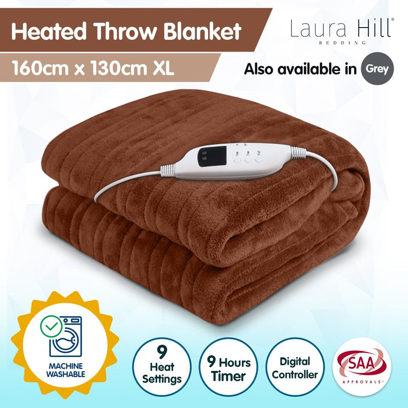 Laura Hill Heated Electric Blanket Throw Rug Coral Warm Fleece Brown - NuSea