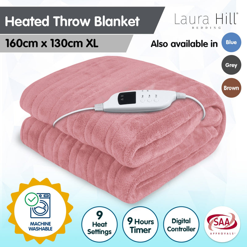 Laura Hill Heated Electric Blanket Throw Rug Coral Warm Fleece Pink - NuSea