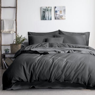 luxurious linen cotton quilt cover set queen charcoal - NuSea