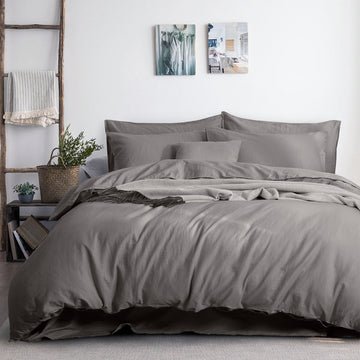 luxurious linen cotton quilt cover set queen grey - NuSea