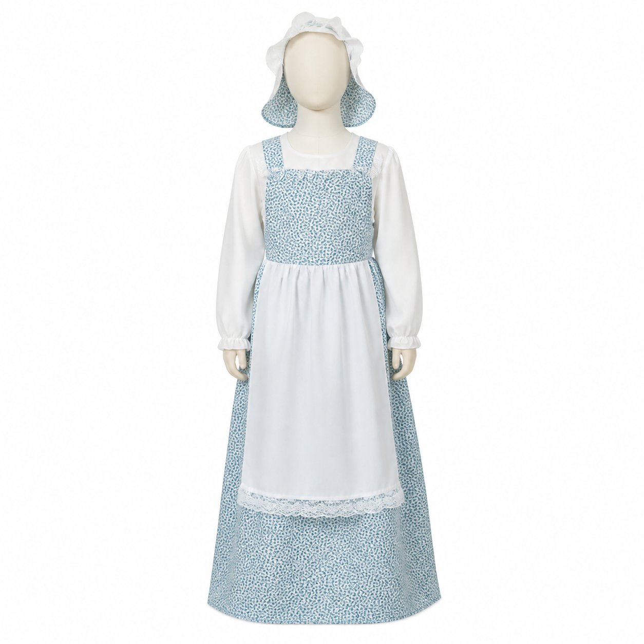 Kids’ Blue Pioneer Maid Costume – Dress, Apron & Bonnet white background product image