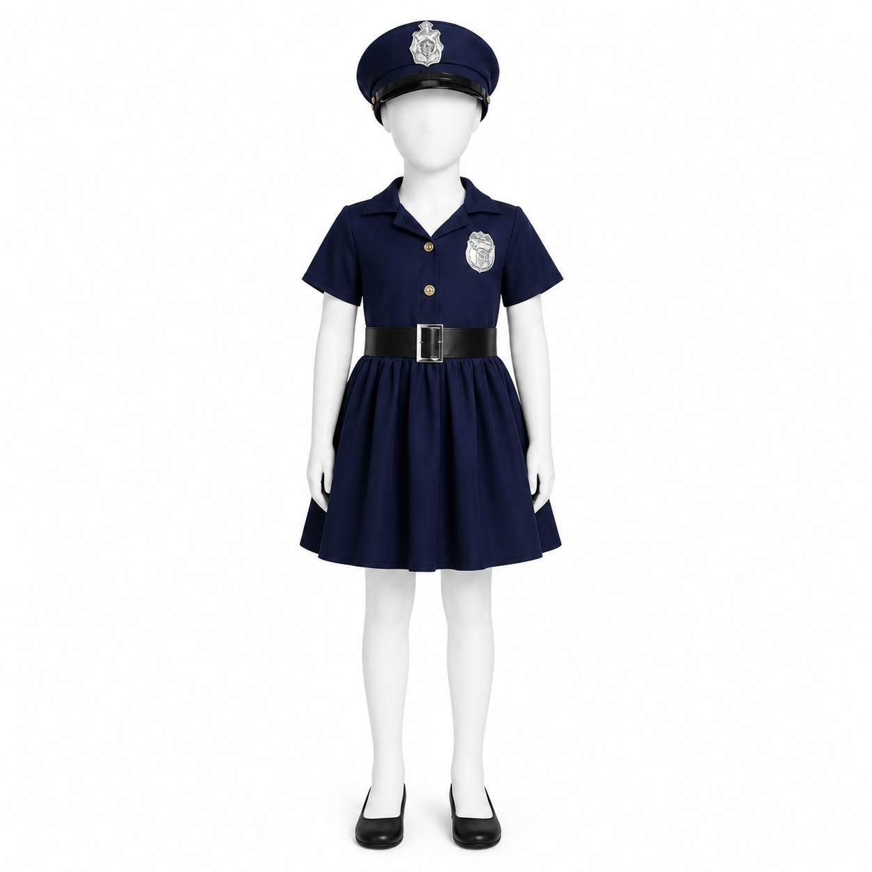 Kids’ Navy Police Girl Costume – Dress, Hat & Belt white background product image