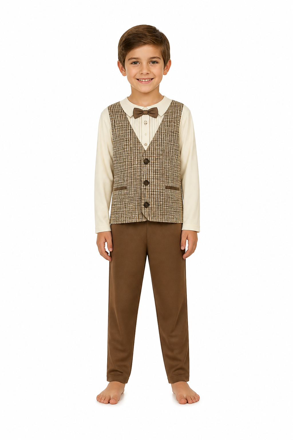 Kids’ Brown Grandpa Costume – Vest-Look Top & Pants white background product image