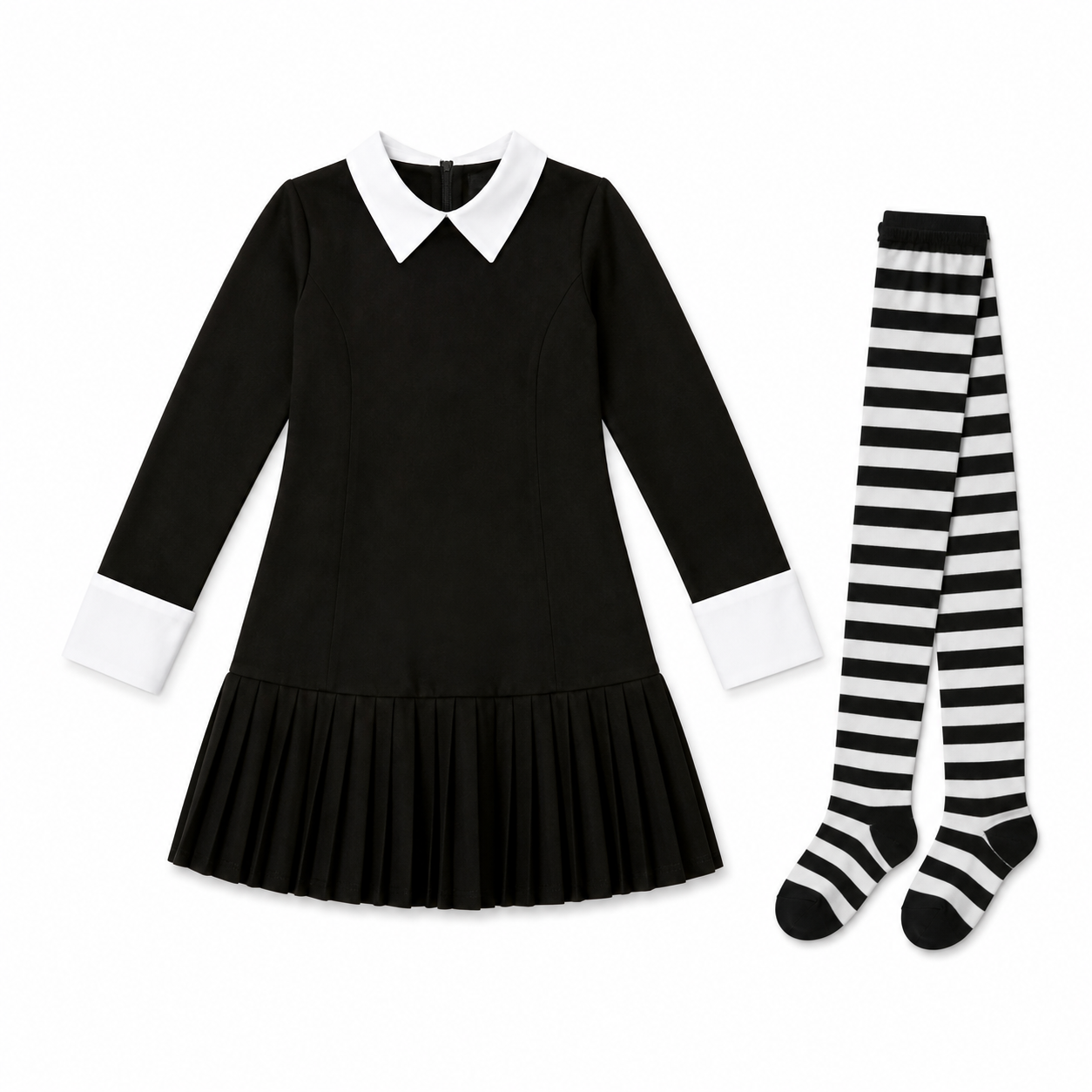 Kids’ Dark School Girl Costume – Dress & Striped Stockings white background product image