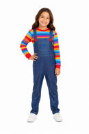 Kids’ Creepy Doll Jumpsuit Costume – Rainbow Stripe white background product image