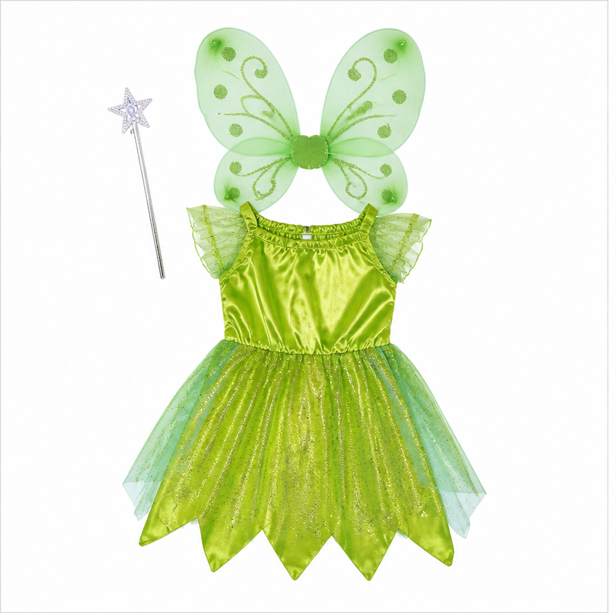 Kids’ Green Fairy Costume – Dress & Wings white background product image