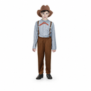 Kids’ Blue Pioneer Boy Costume – Striped Top & Brown Pants white background product image