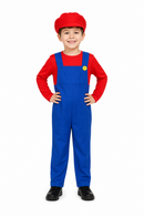 Kids’ Red Plumber Costume – Hat, Top & Pants white background product image
