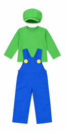 Kids’ Green Plumber Costume – Cap, Top & Overalls white background product image