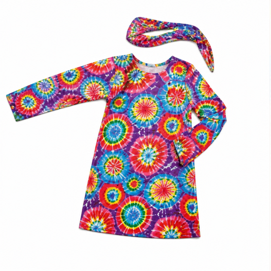 Kids’ Tie-Dye Hippie Costume – Dress & Headscarf white background product image