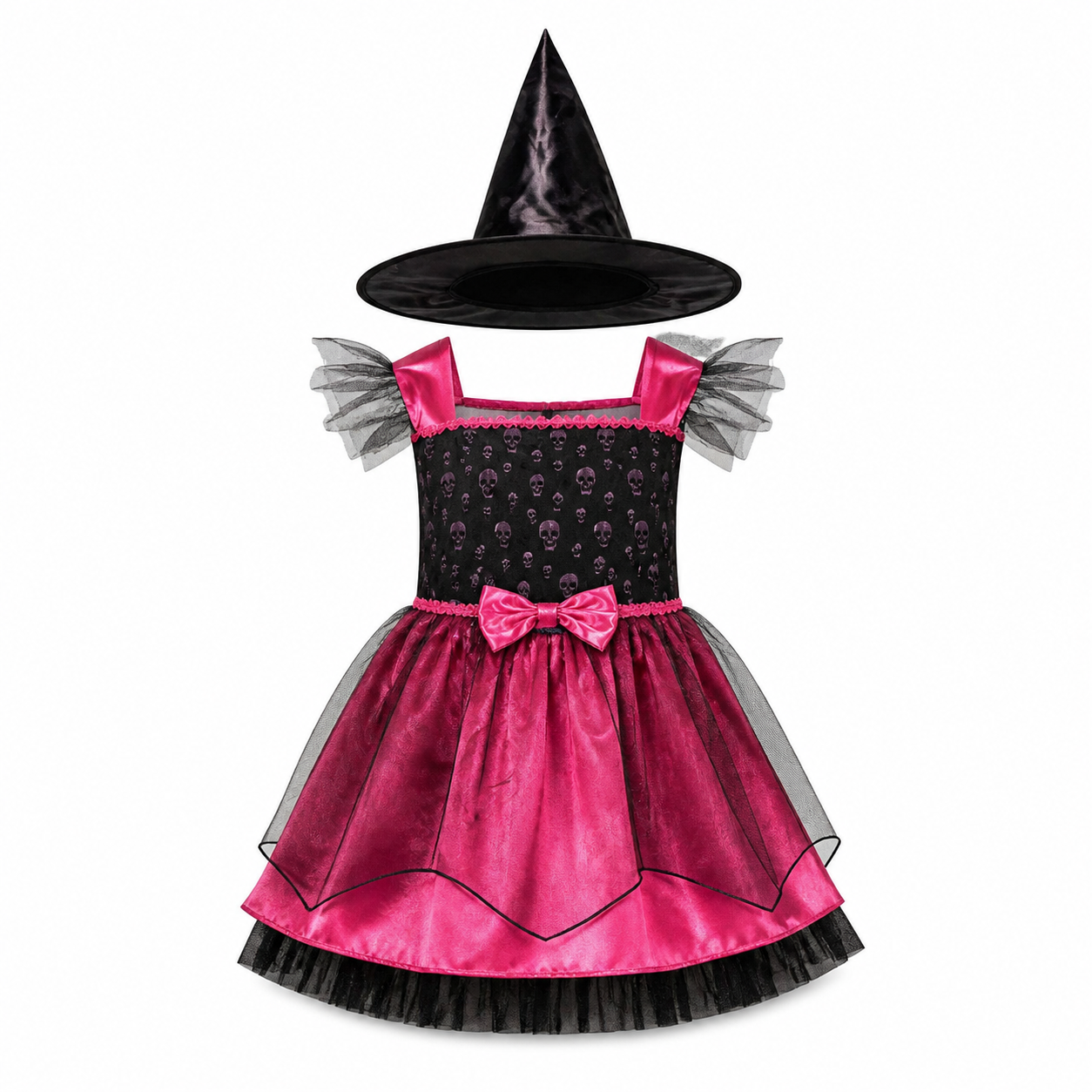 Kids’ Pink & Black Witch Costume – Dress & Hat white background product image