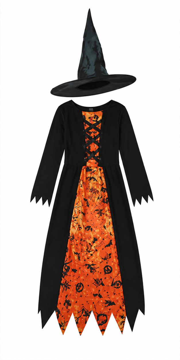 Kids’ Orange & Black Witch Costume – Dress & Hat white background product image